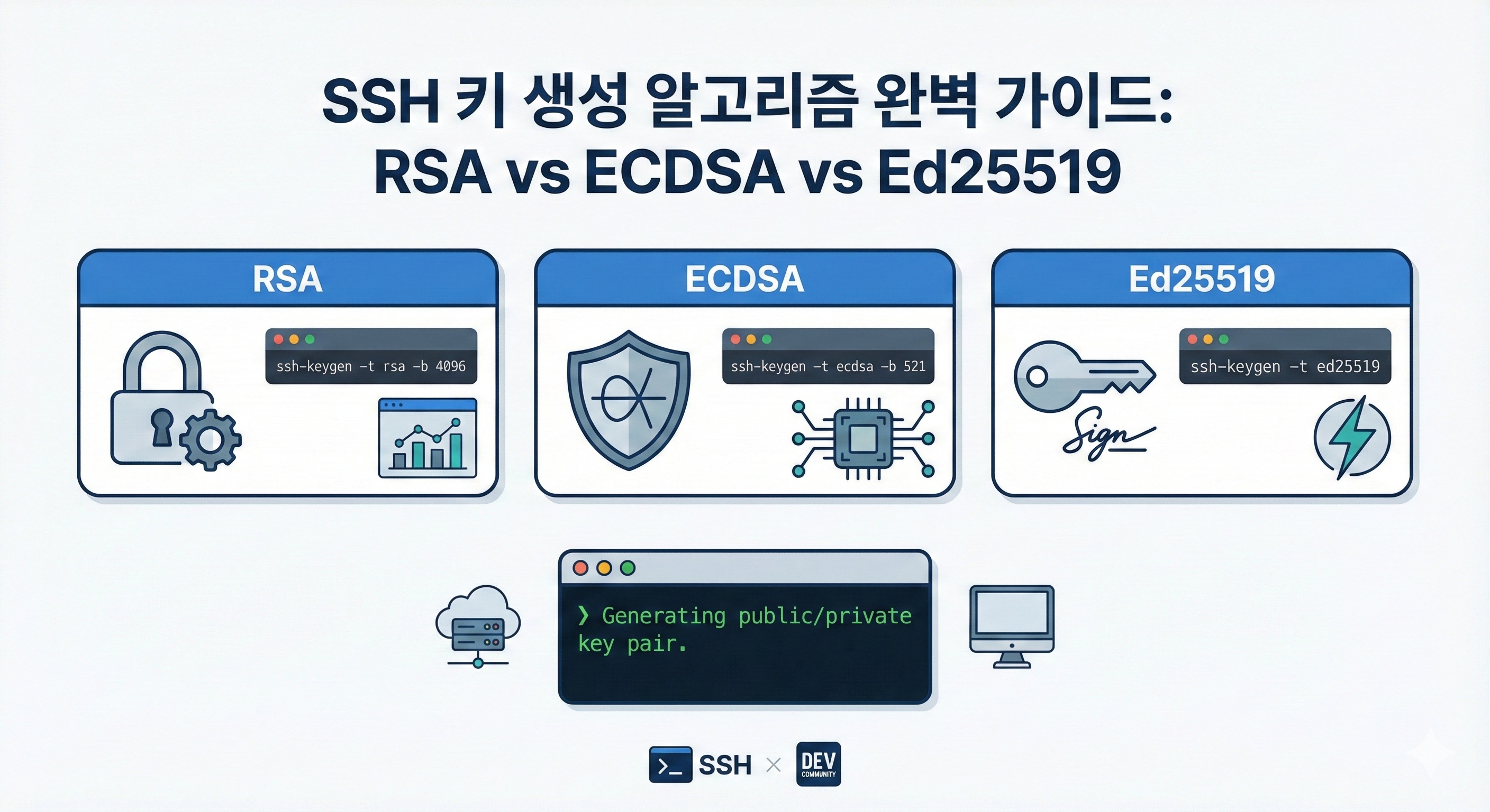 Featured image for SSH 키 생성 알고리즘 완벽 가이드: RSA vs ECDSA vs Ed25519