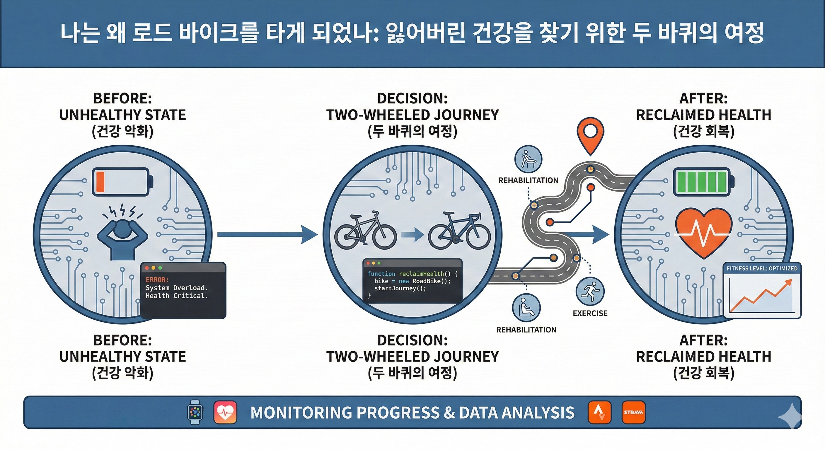 2015년 건강 문제로 멈춰 섰던 순간, 걷기, 산행, 그리고 하이브리드를 거쳐 로드 바이크를 만나 건강을 되찾기까지의 진솔한 여정과 그 과정에서 되살아난 어린 시절부터 학창 시절까지의 자전거 추억을 나눕니다.